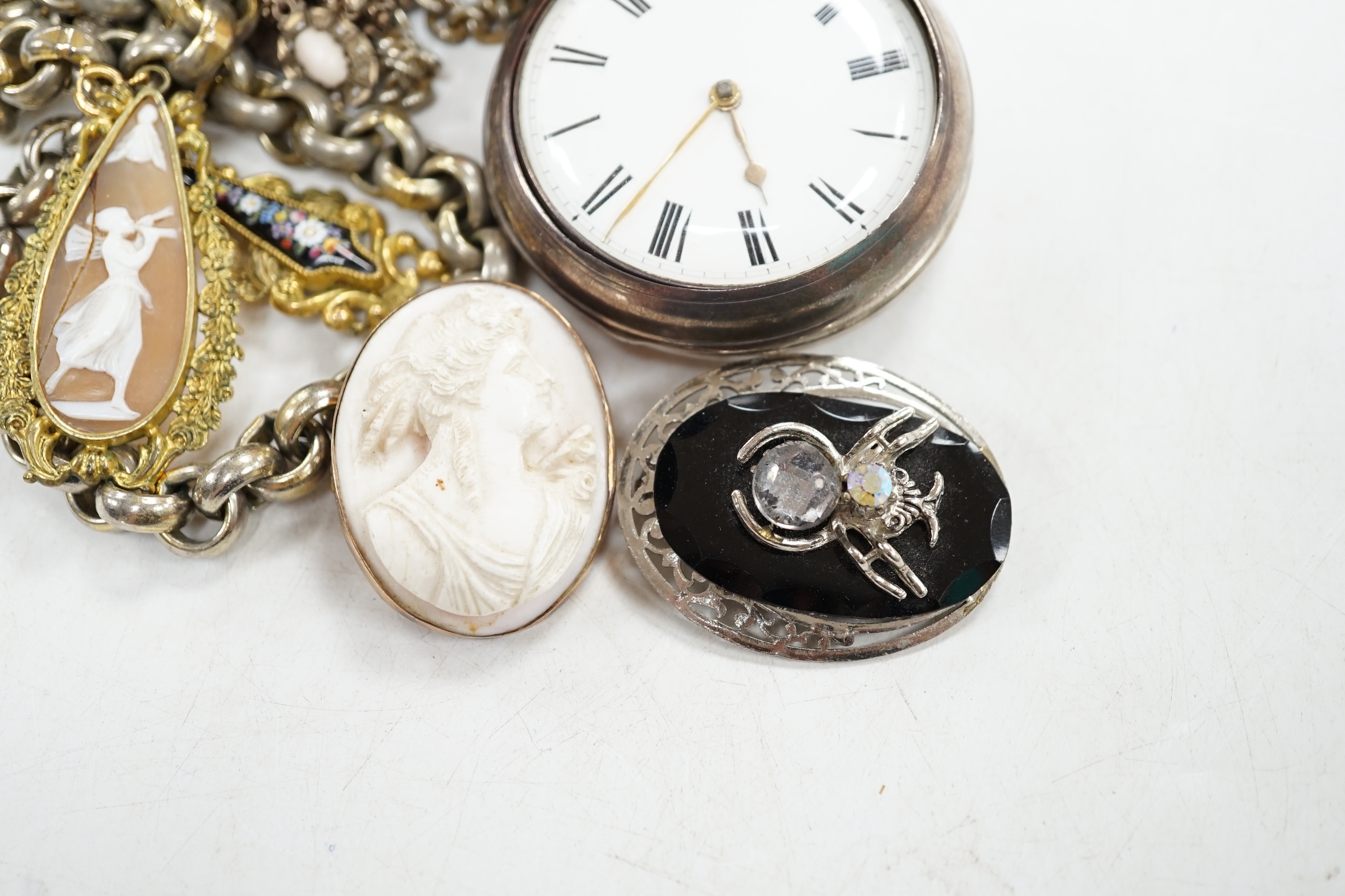 A Victorian silver pair cased pocket watch and albert, and sundry costume jewellery. Condition - mostly fair